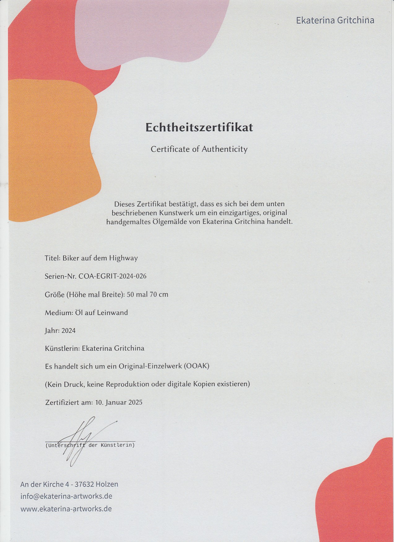 Echtheitszertifikat Ekaterina Gritchina