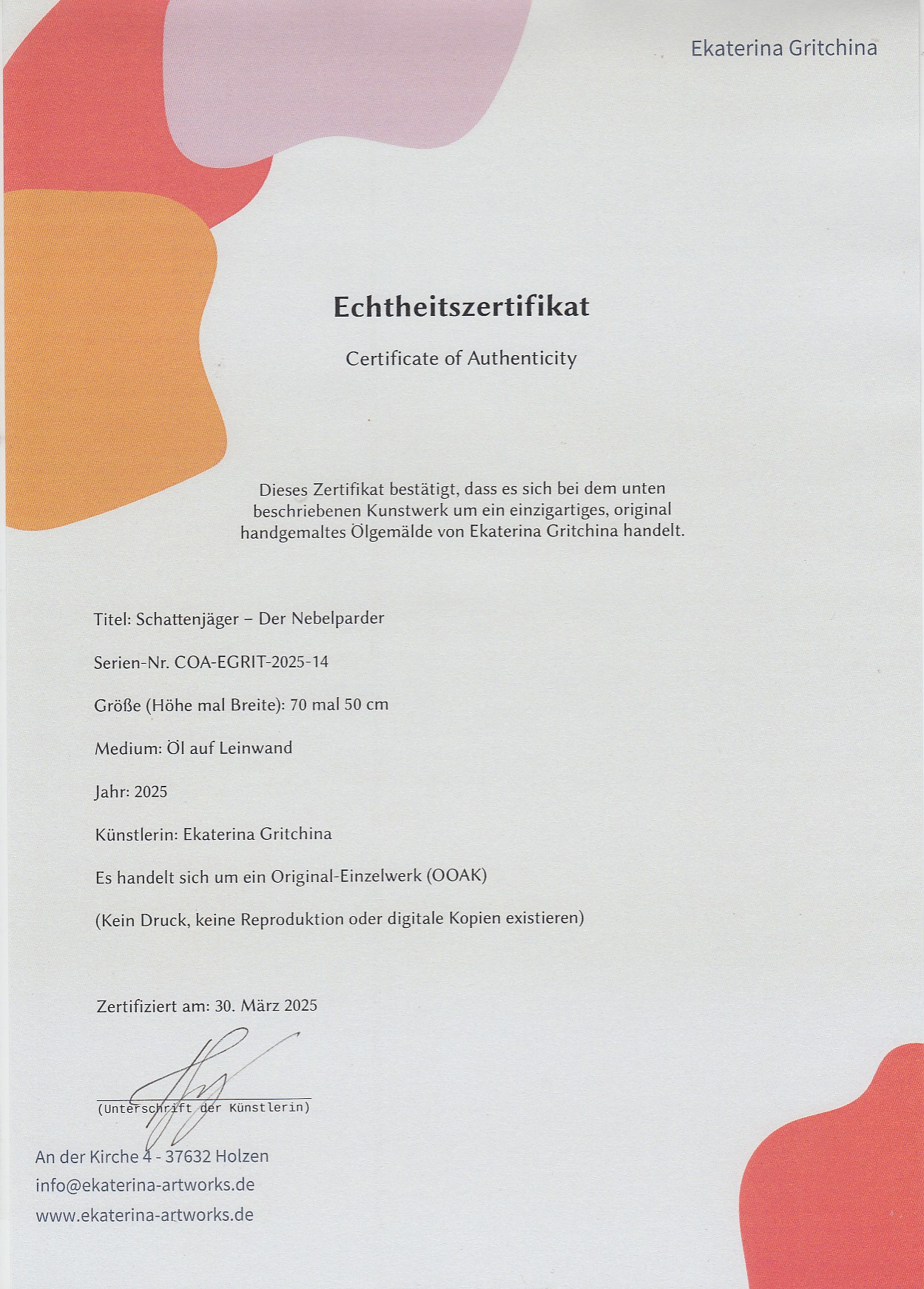 Echtheitszertifikat Ekaterina Gritchina